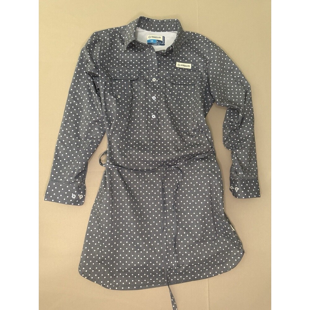 Megelin Outdoor Fish Gear Shirt Dress Blue Polka Dot Pockets Fast Dry Size Small